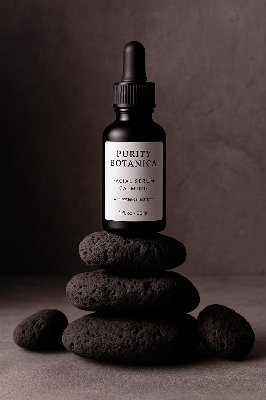 Fotografía de cosmético natural sobre fondo mineral para branding de alta gama.
